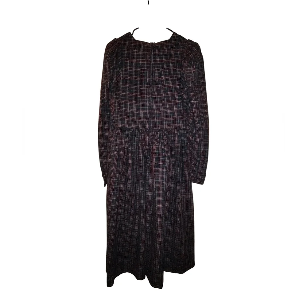 Laura Ashley Vintage Dark Plaid Long Sleeve Prairie Dress - Picture 3 of 5